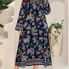 Border Floral Print Abaya Dress Fringe Tie Neck Maxi Jalabiya Dress