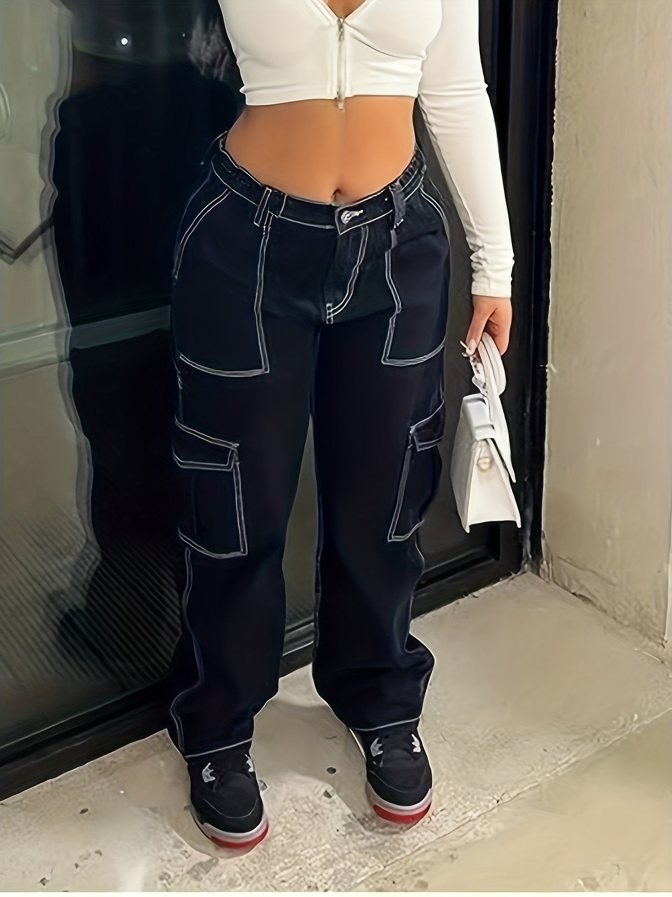 High Rise Cargo Denim Pants Straight Leg Jeans