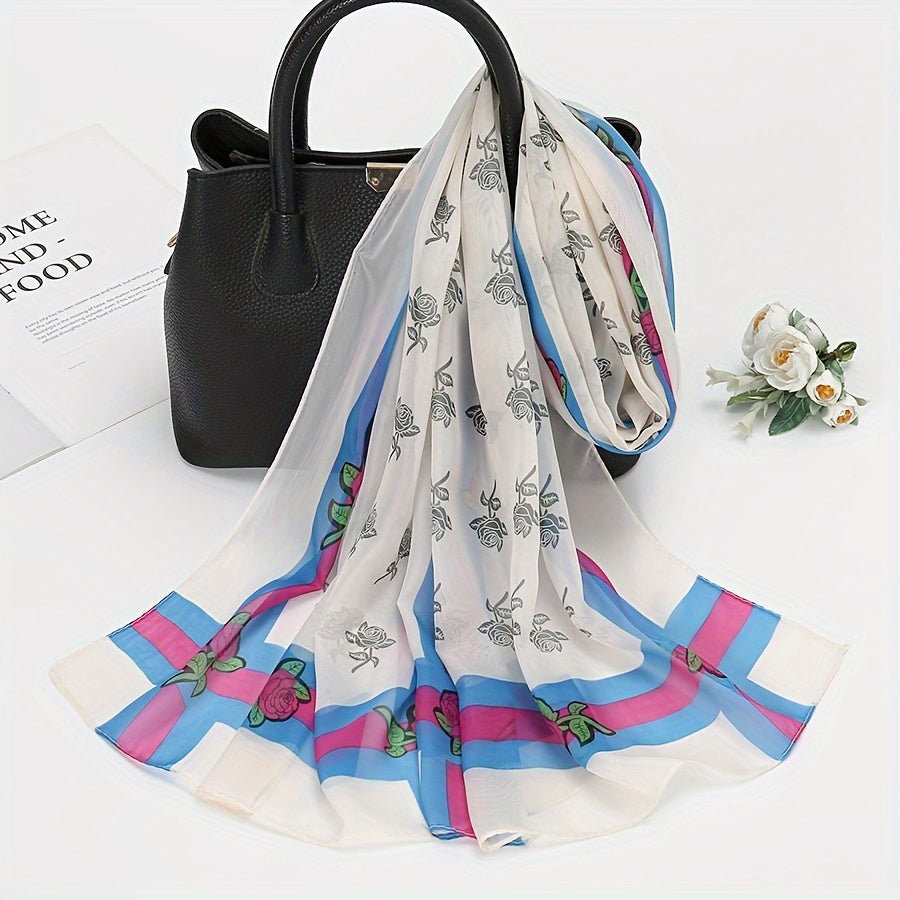 Stylish Flower Chiffon Scarf Wide Stripe Print Shawl Sunscreen Head Wrap