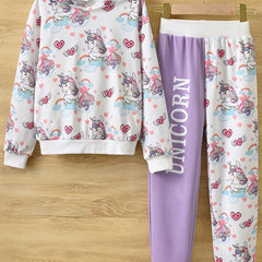 Girl's Unicorn Print Hoodie & Sweatpants Set for Spring Fall