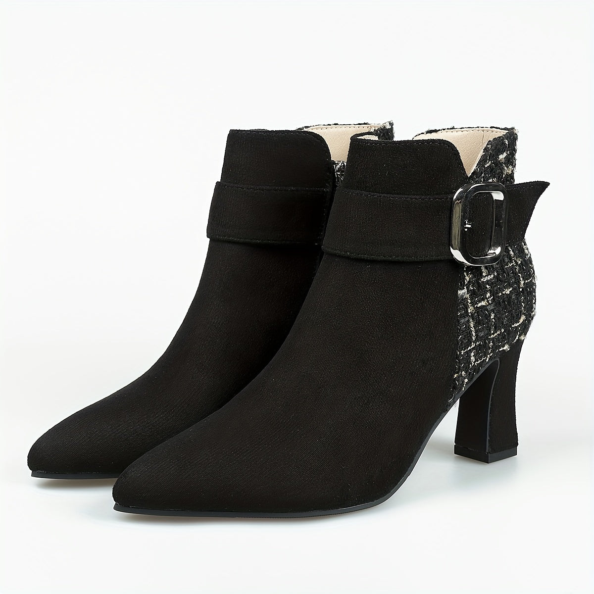 Women's Tweed High Heel Ankle Boots with Buckle Strap
