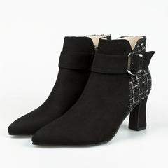Women's Tweed High Heel Ankle Boots with Buckle Strap