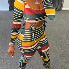 Striped Print Tie Set Scoop Neck Crop Top & Slim Pants Outfit