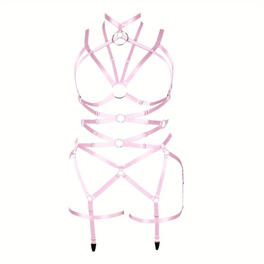Pink Hollow Out Body Harness Bra Waistband Elastic Sexy