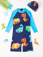 Colorful Dinosaur One piece Swimsuit For Boys Long sleeve Surfing Suit
