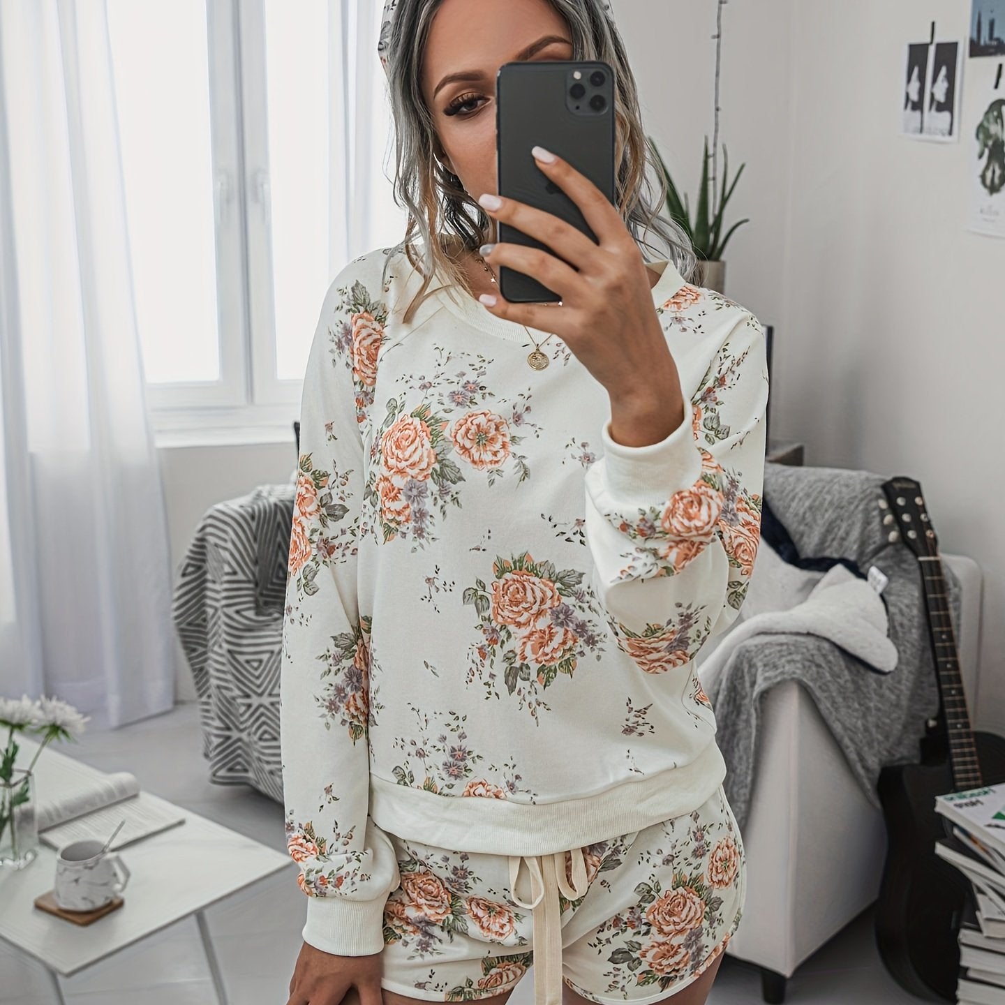Floral Print Lounge Set Crew Neck Top & Lace Up Shorts