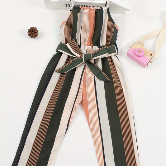 Striped Belted Cami Rompers For Girls