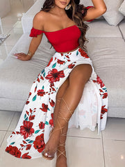 Sexy Two piece Skirt Set Off Shoulder Top & Floral Print Split Skirt