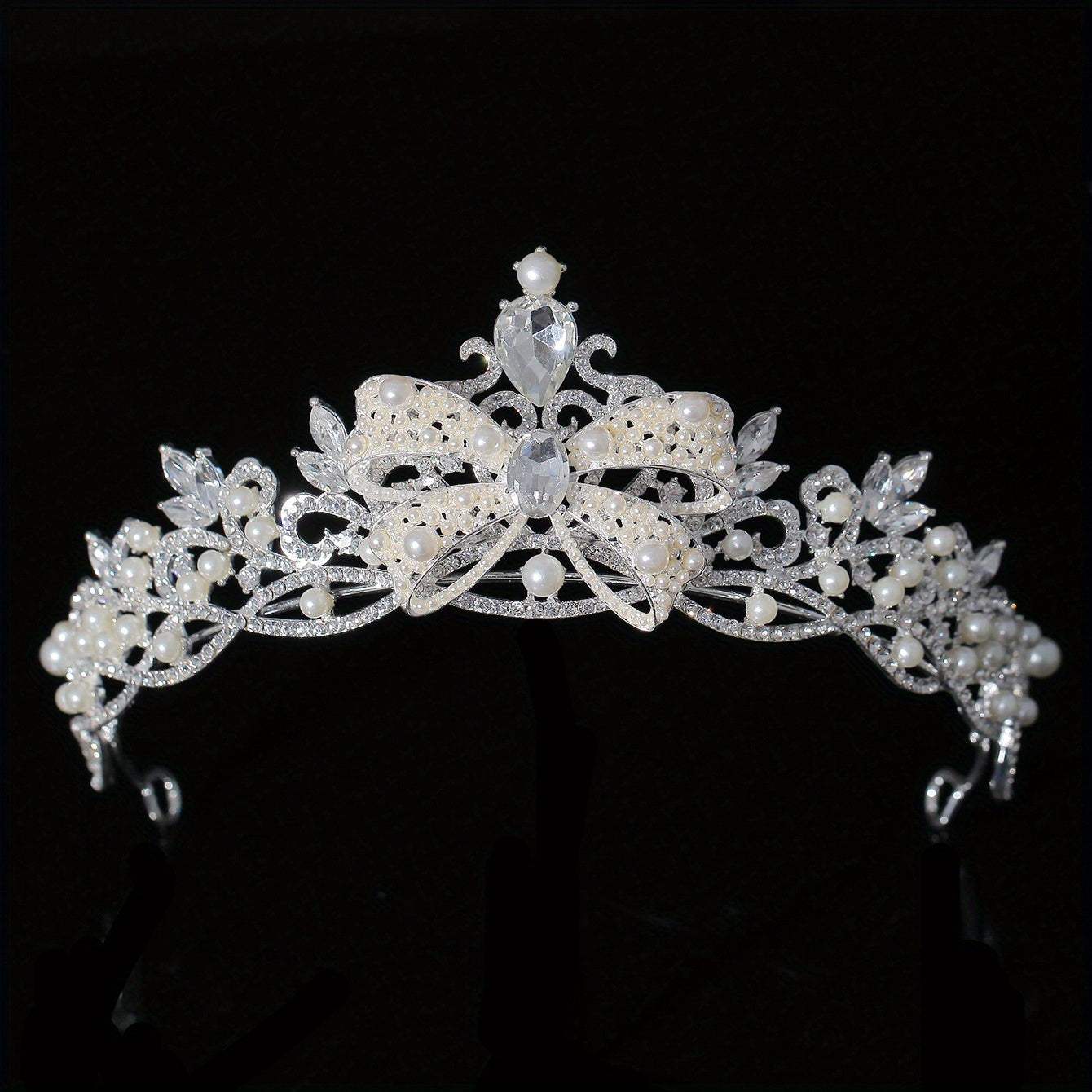 Faux Pearl Crystal Crown Queen Tiara Head Jewelry Wedding Bridal Hair