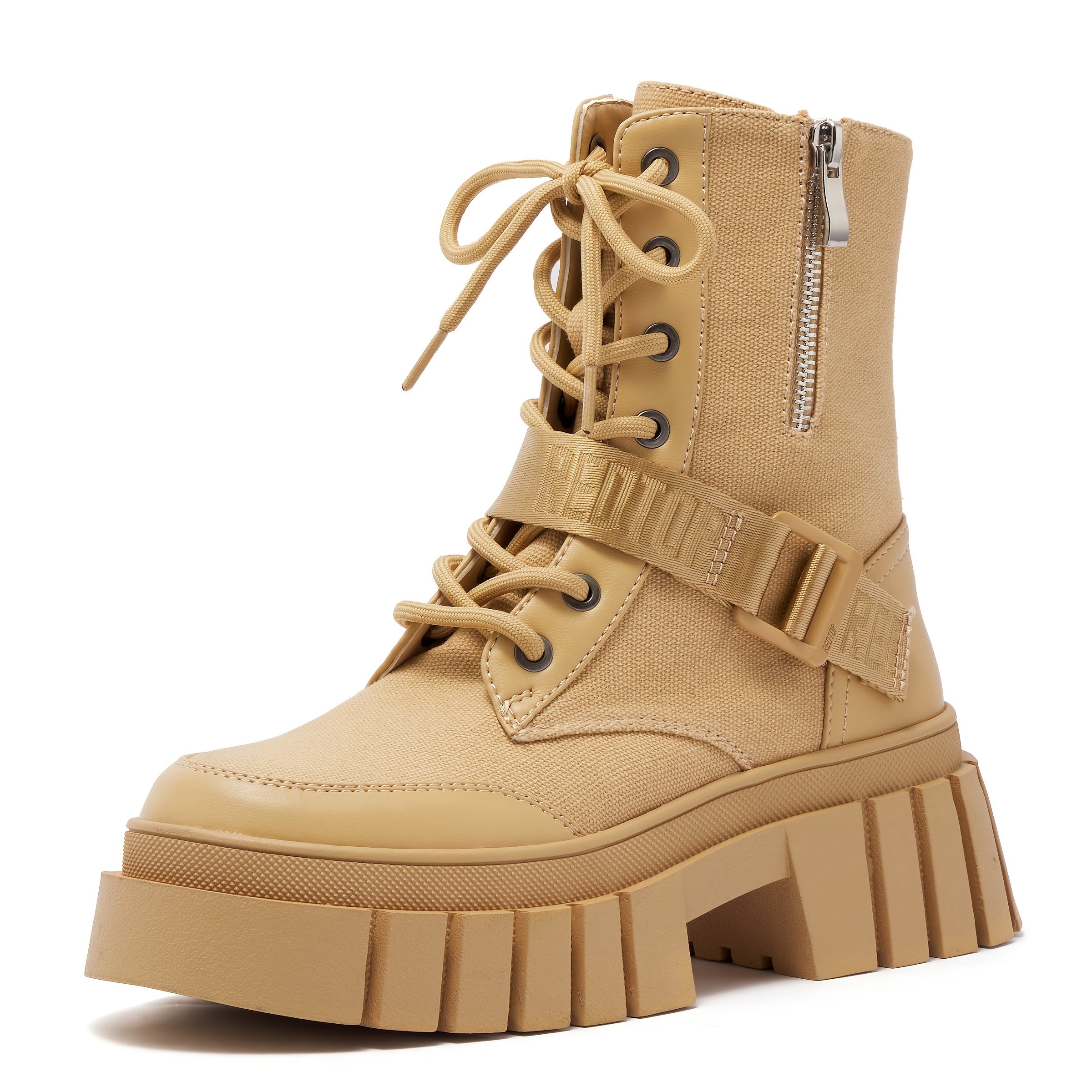 Women's Canvas Ankle Boots Belt Side Zipper Combat Boots