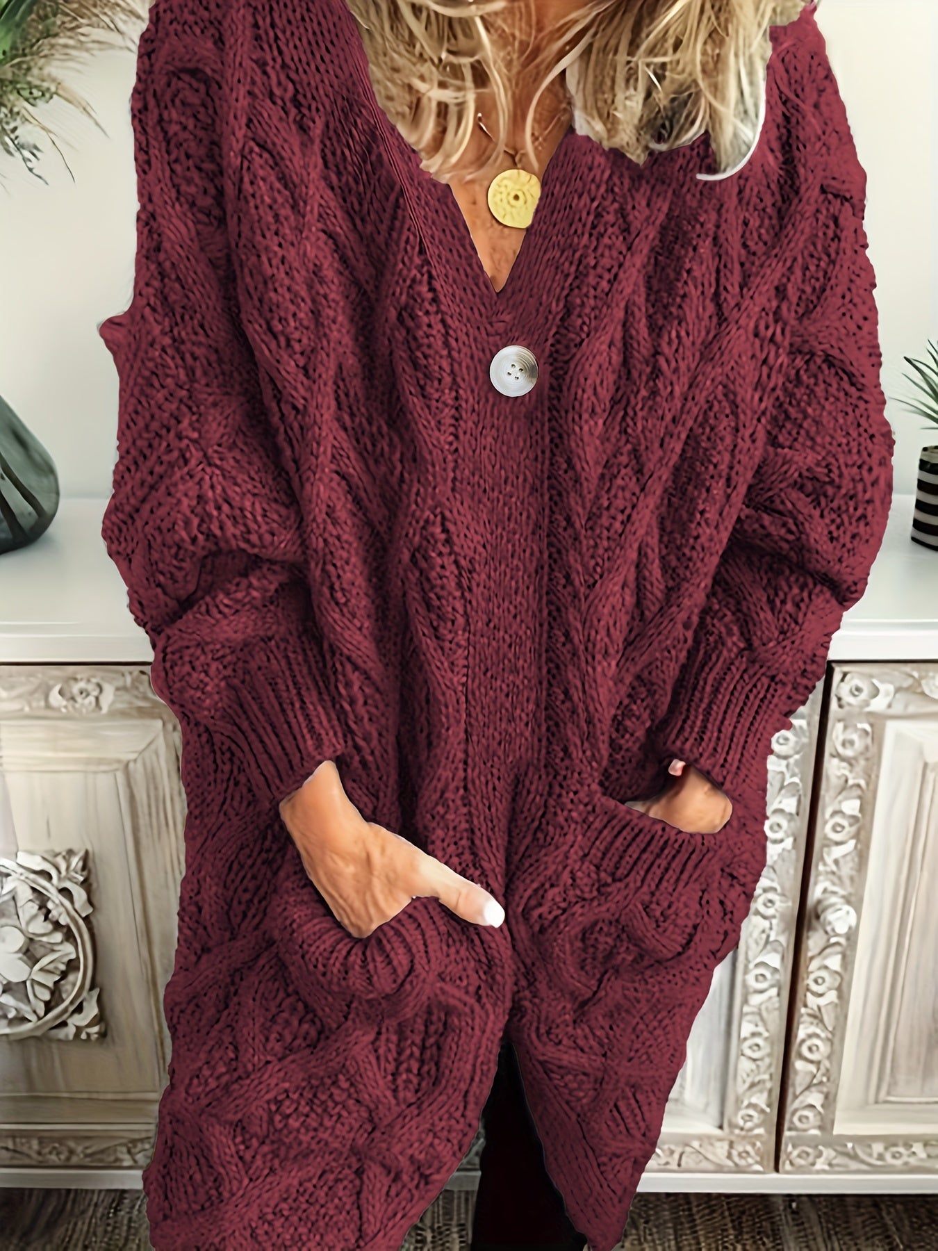 Solid Long Sleeve Stretch Cardigan with Pockets
