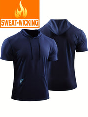 Men's Solid Hooded T shirt With Pocket Quick Dry Breathable Short Sleeve
