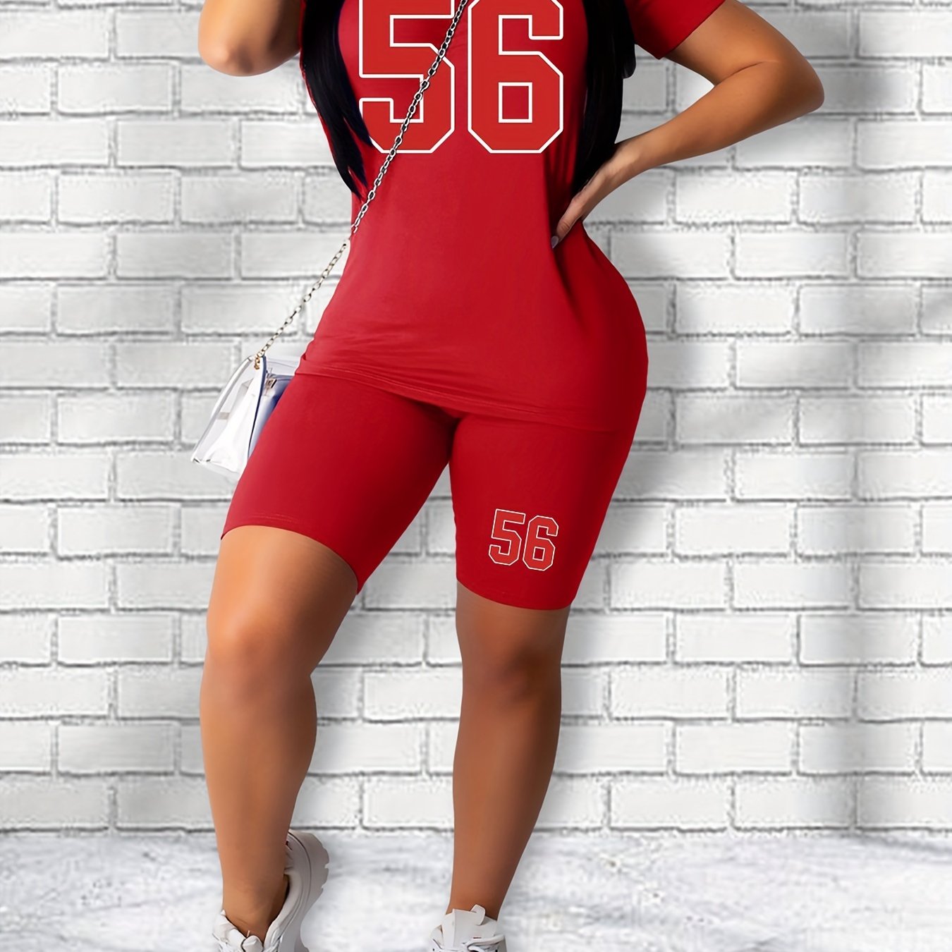 Casual Two Piece Set Short Sleeve Tee & Slim Shorts, Women's Outfit