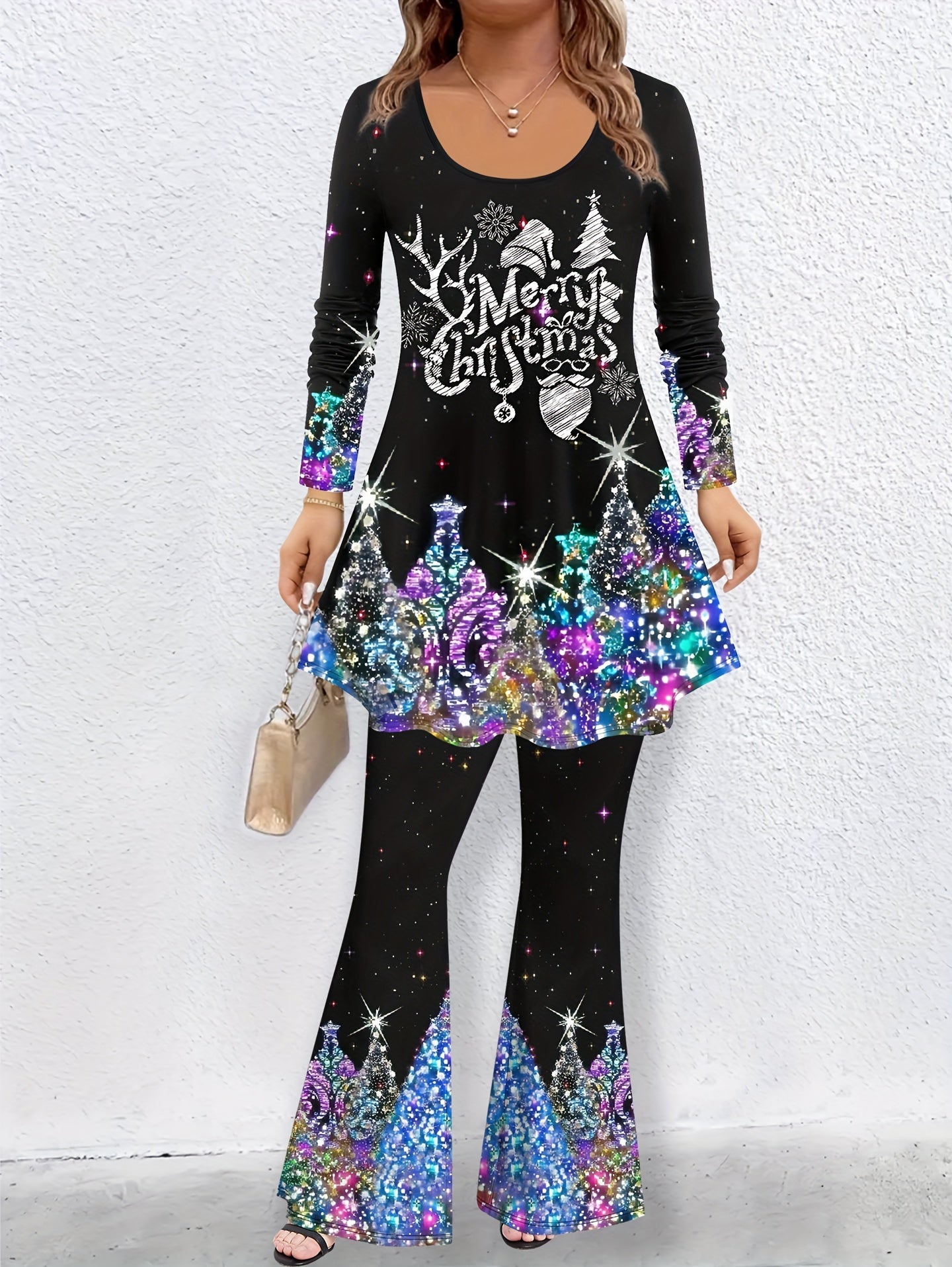 Christmas Casual Outfits Set Women's Plus Slogan & Graphic Print