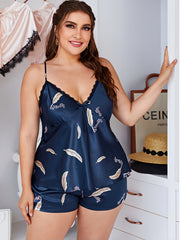Sexy Pajamas Set Women's Plus Feather & Letter Print V Neck Satin Cami