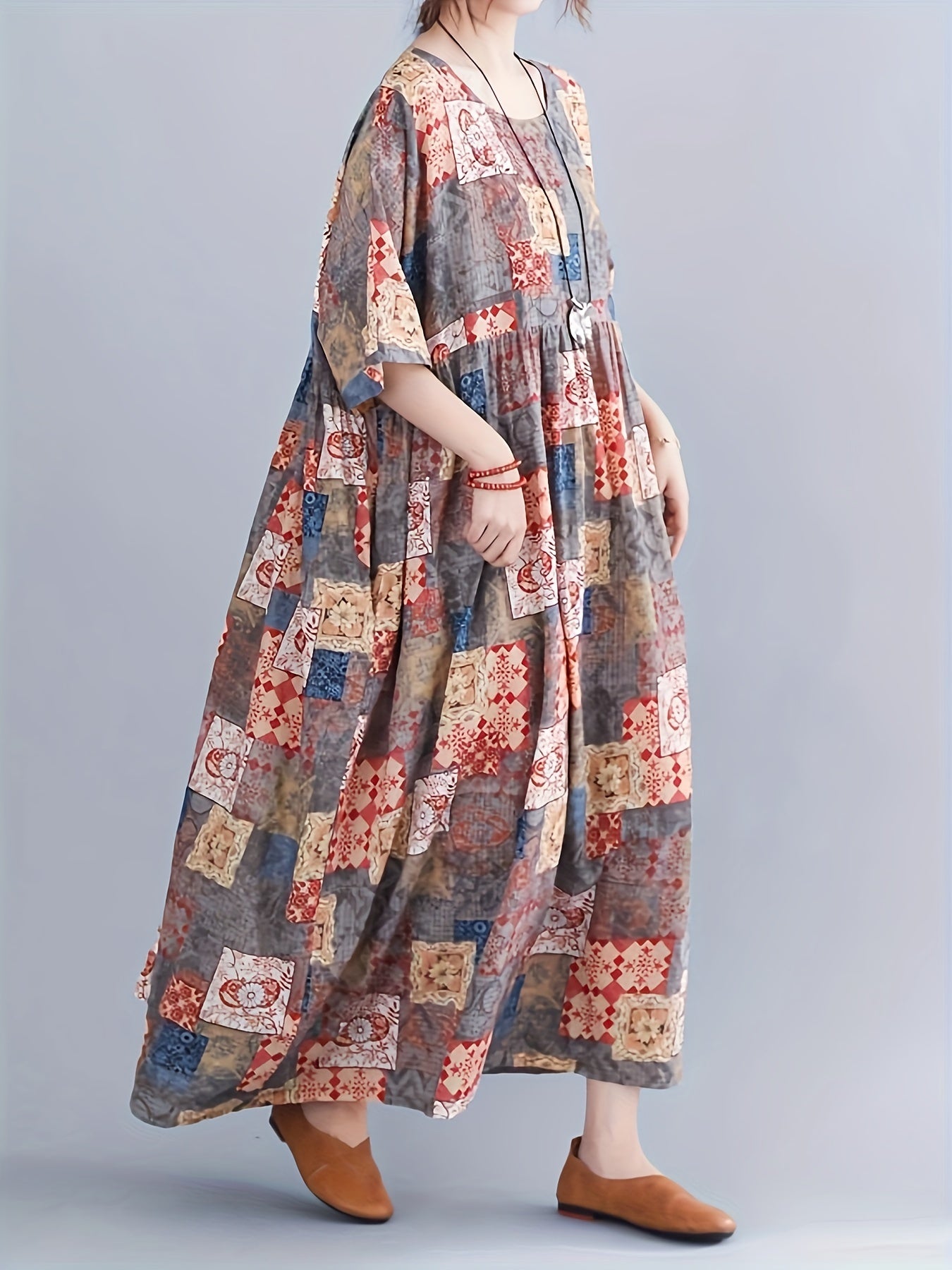 Boho Dress Women's Plus Scarf Print Maxi Dress With Pockets