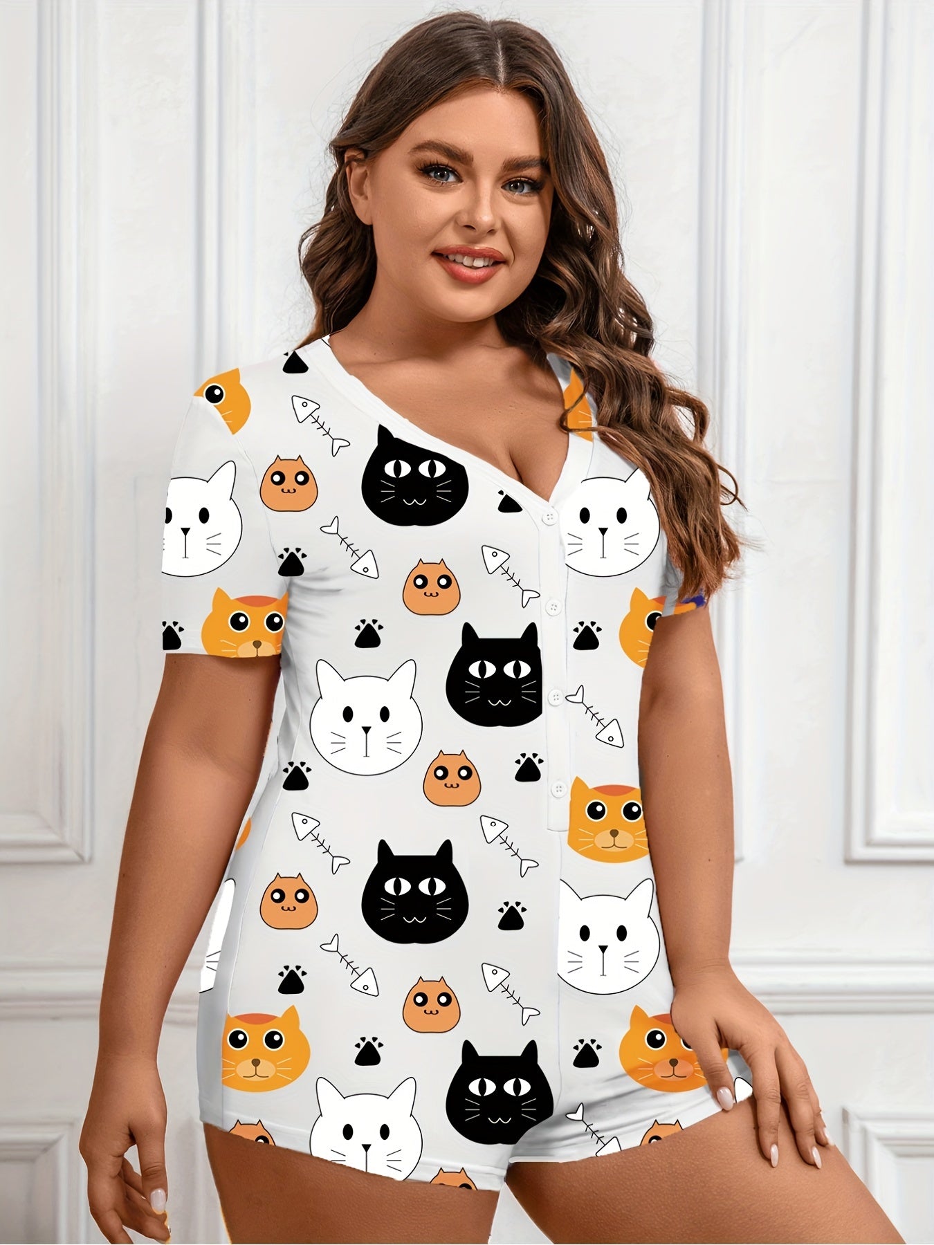 Cartoon Cat Print Pajama Romper Women's Bodysuit