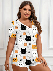 Cartoon Cat Print Pajama Romper Women's Bodysuit