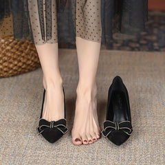 Bowknot Kitten Heels Pointed Toe Slip On Office Work Shoes