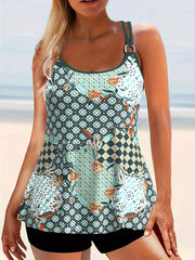 Retro Tankini Set Women's Geo Pattern Cami Top & Shorts Swimsuit