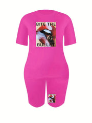 2 Piece Set Mouth & Letter Print Tee & Shorts