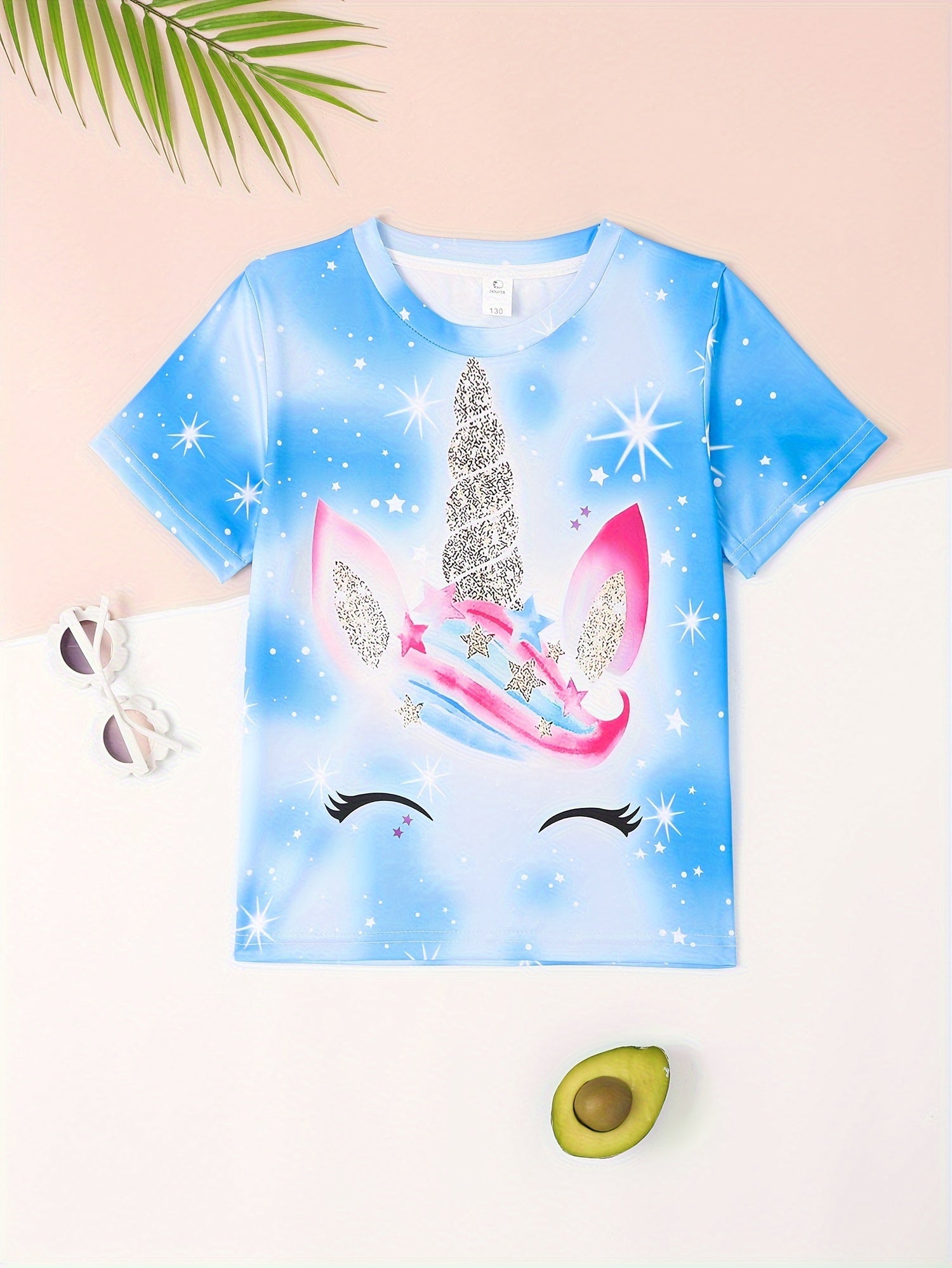 Tie Dye Unicorn Print Short Sleeve T shirt Girls Comfy Tees Pullover