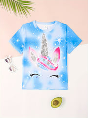 Tie Dye Unicorn Print Short Sleeve T shirt Girls Comfy Tees Pullover