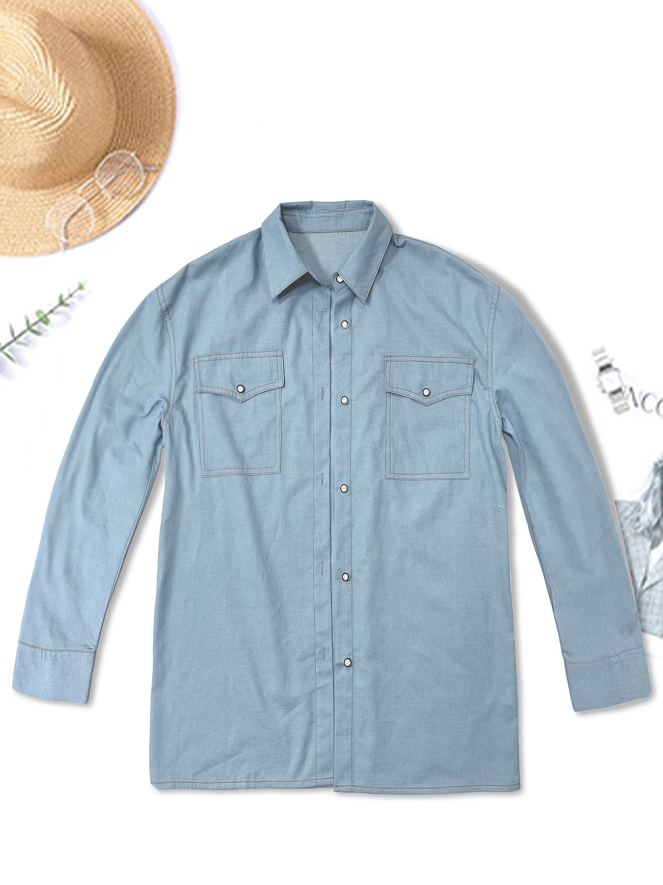 Casual Denim Top Women's Plus Solid Button Up Long Sleeve