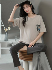 Bunny Print Lounge Set Short Sleeve Crew Neck Top & Pants