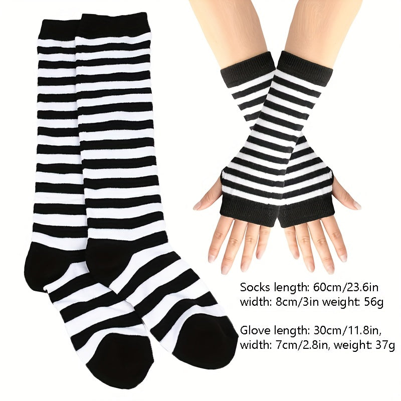 Striped Arm Sleeve Gloves & Thigh High Socks Set for Cosplay & Parties