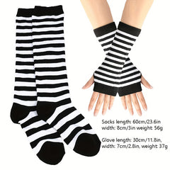 Striped Arm Sleeve Gloves & Thigh High Socks Set for Cosplay & Parties