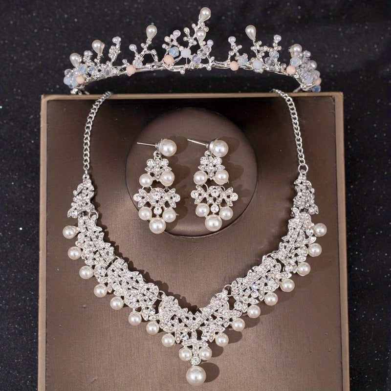 3PCS Faux Pearl Crown Earrings Necklace Set Head Jewelry