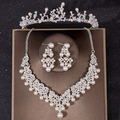 3PCS Faux Pearl Crown Earrings Necklace Set Head Jewelry