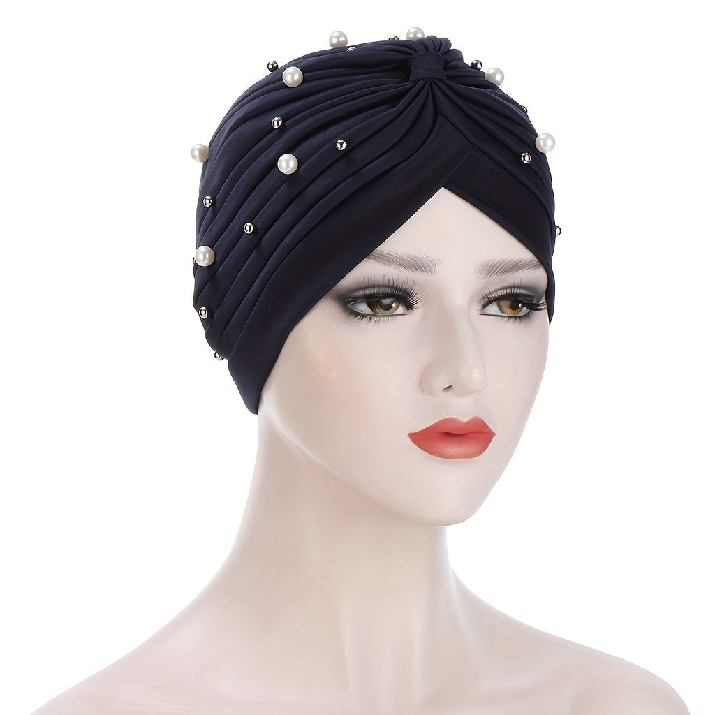 Faux Pearl Decor Turban Solid Beanies Head Scarf Lightweight Elastic Chemo Cap