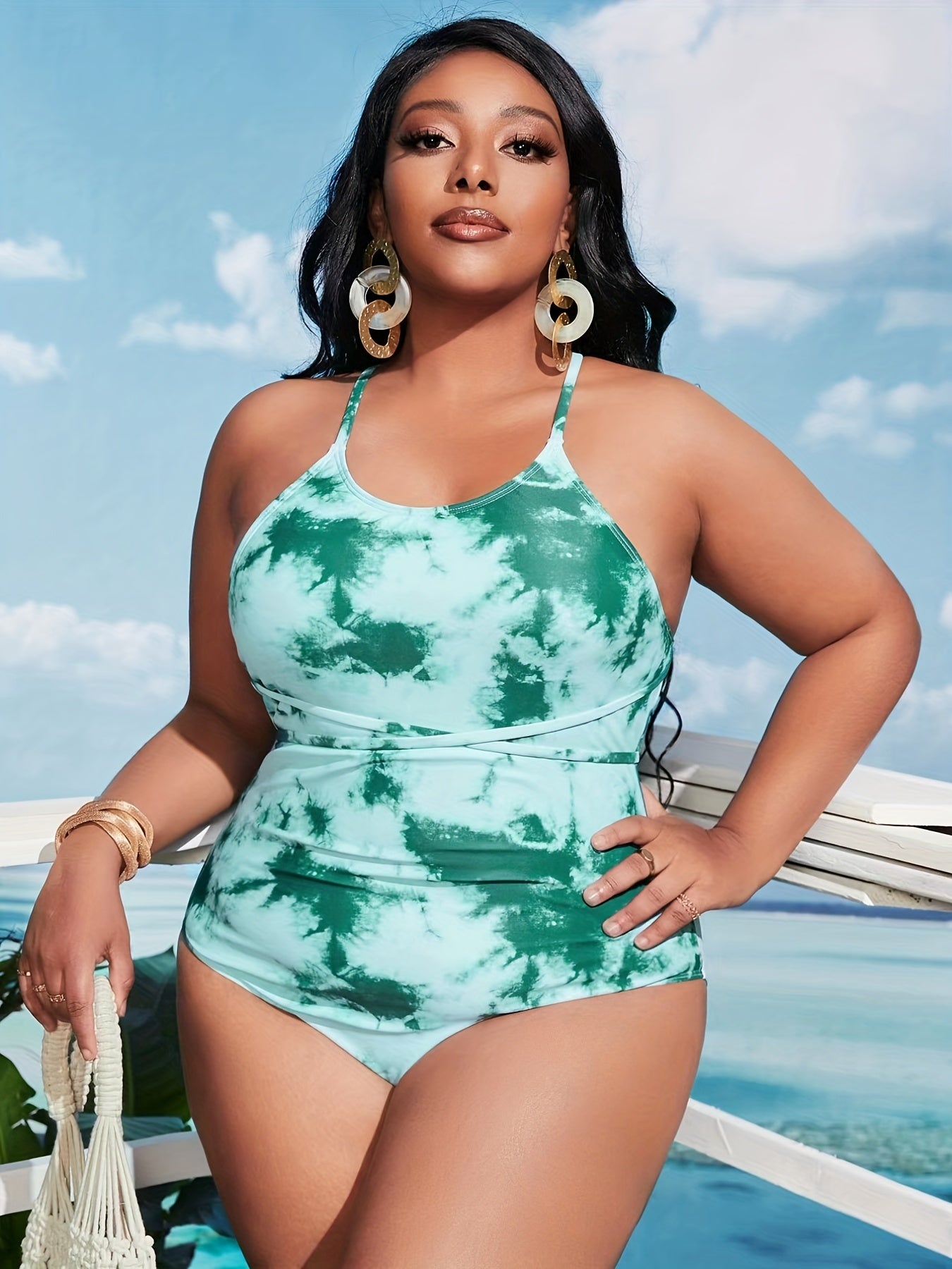 Women's Plus Tie Dye Criss Cross Scoop Neck One Piece Cami Swimsuit