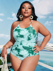 Women's Plus Tie Dye Criss Cross Scoop Neck One Piece Cami Swimsuit