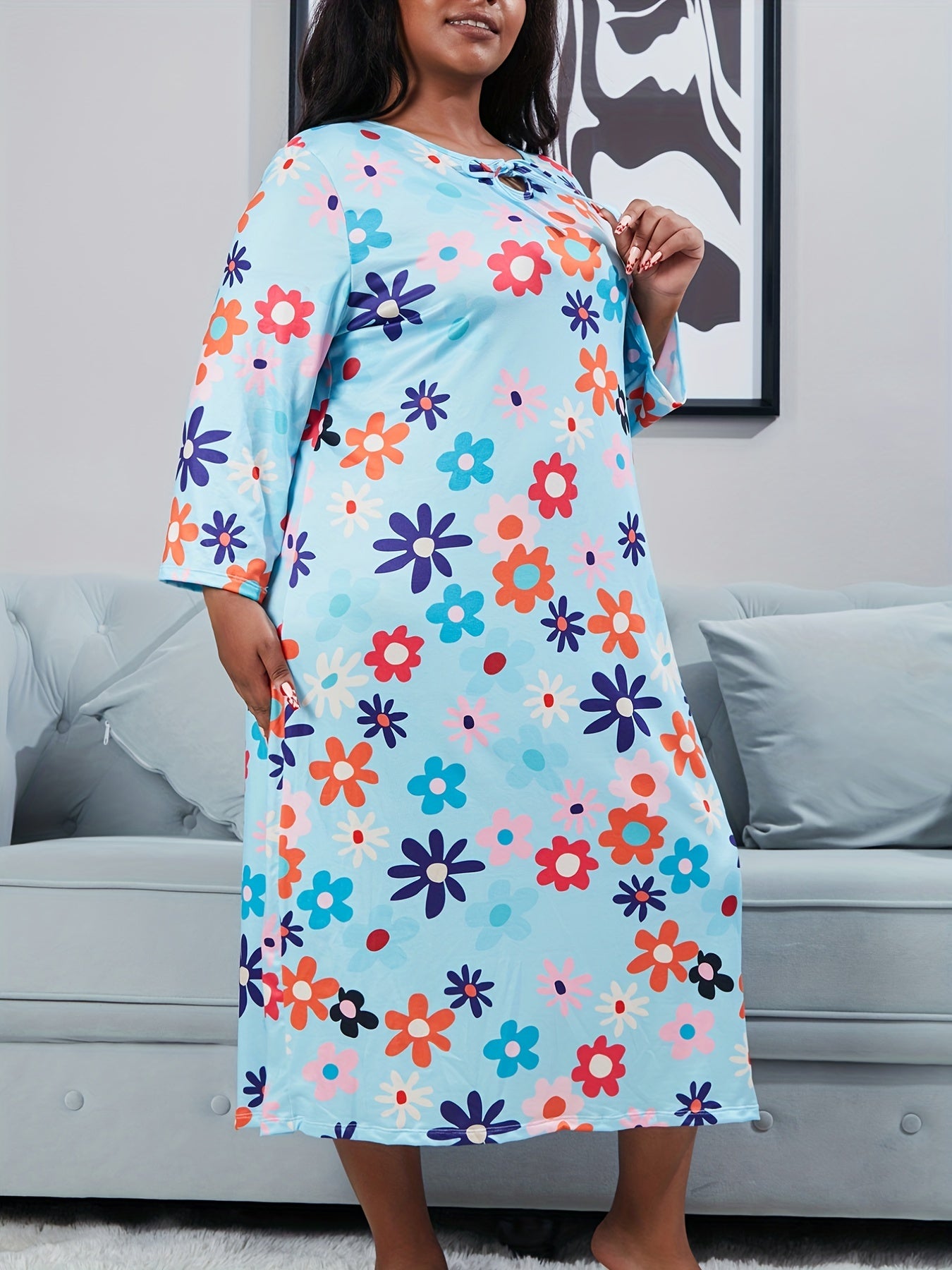 Nightdress Women's Plus Floral Print Long Sleeve Tie Neck High Stretch