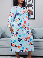 Nightdress Women's Plus Floral Print Long Sleeve Tie Neck High Stretch