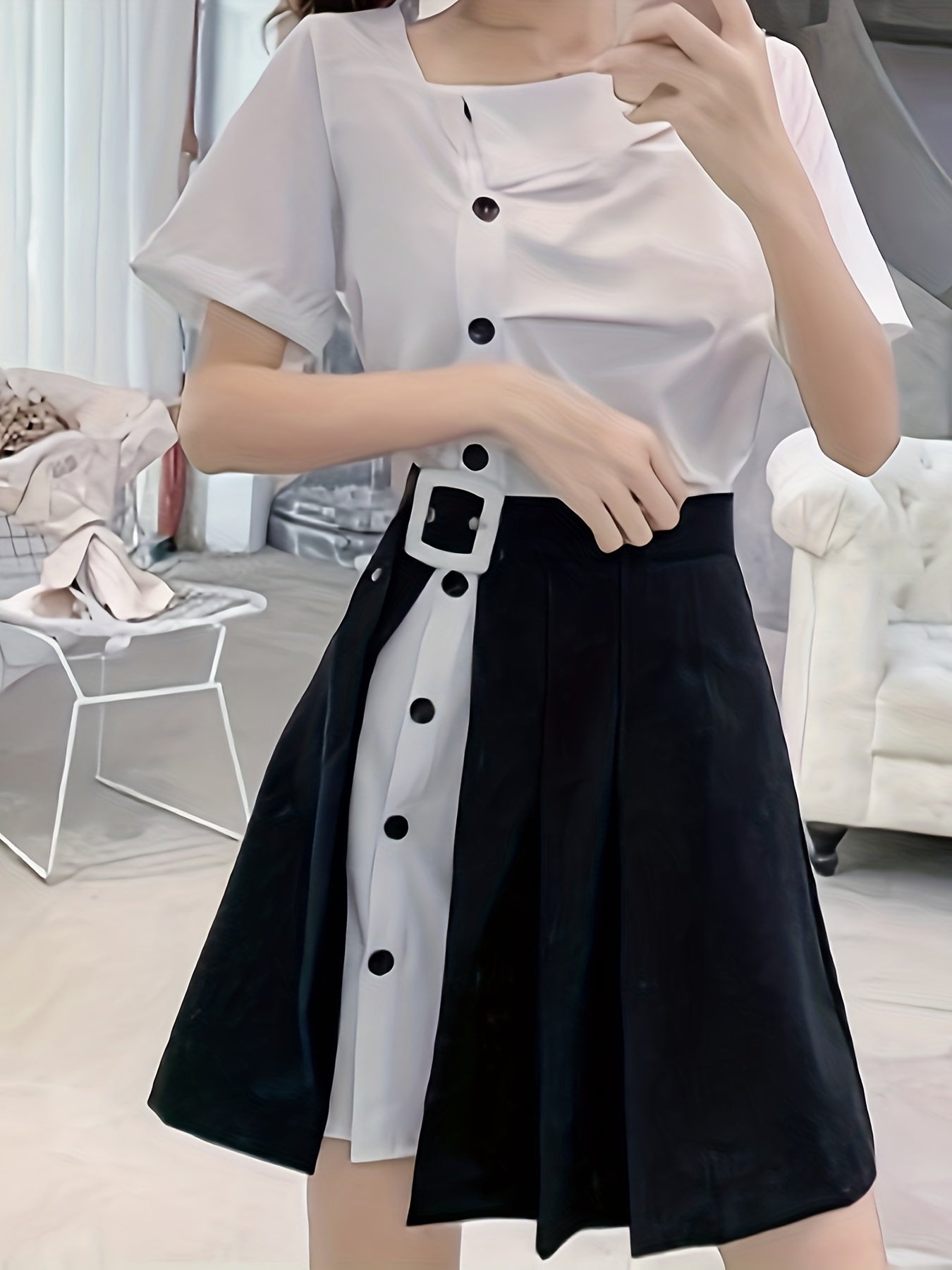 Two Piece Set Short Sleeve T shirt & Belted Skirt Women's Clothing