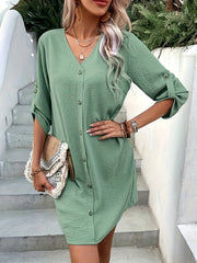 Solid V Neck Button Front Dress Women's Clothing