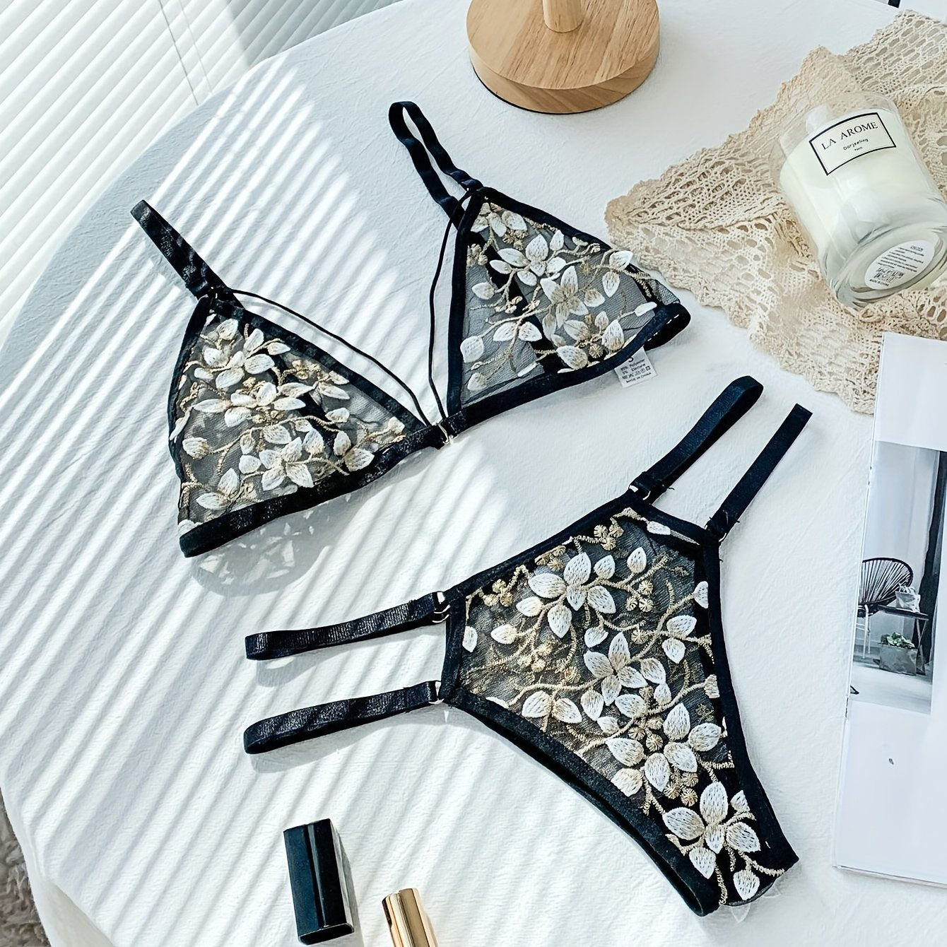 Floral Embroidery Lingerie Set Mesh Bra & Panties