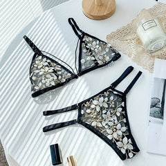 Floral Embroidery Lingerie Set Mesh Bra & Panties
