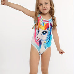 Toddler Girl's Unicorn Pattern Onesie Swimsuit Mesh Ruffle Tankini