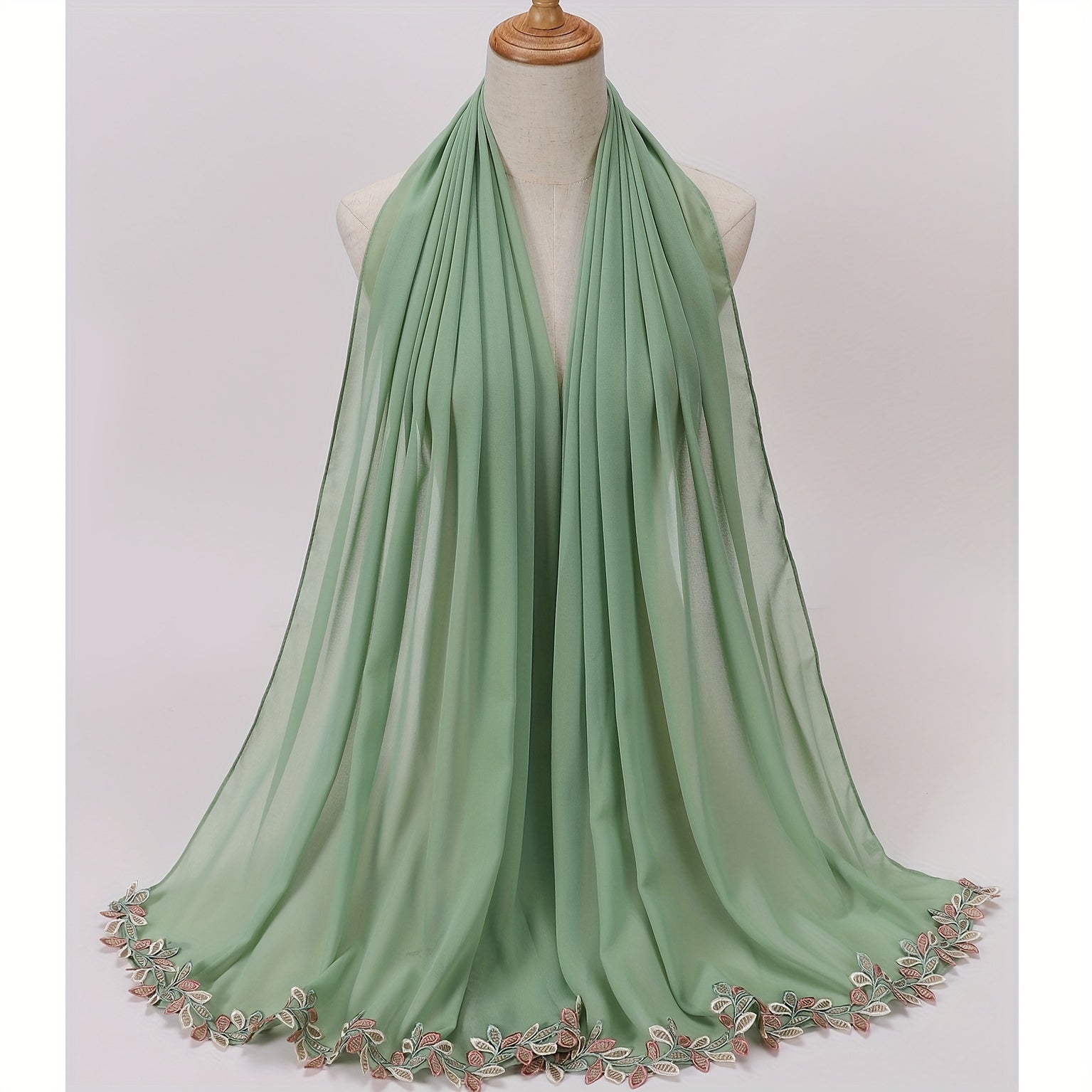 Leaf Embroidery Hijab Lace Chiffon Scarf Solid Thin Breathable Shawl