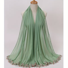 Leaf Embroidery Hijab Lace Chiffon Scarf Solid Thin Breathable Shawl