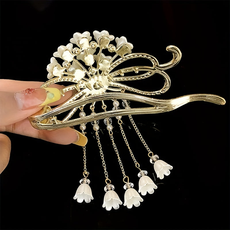 Flowers Rhinestone Tassel Hair Clips Hanfu Decorative Hair Accessories