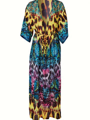Leopard Butterfly Print Cover Up Dress V Neck Chiffon Beach Kaftan