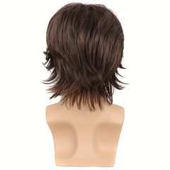 Men's Long Curly Wig Dark Brown Synthetic Fiber Hair Handsome
