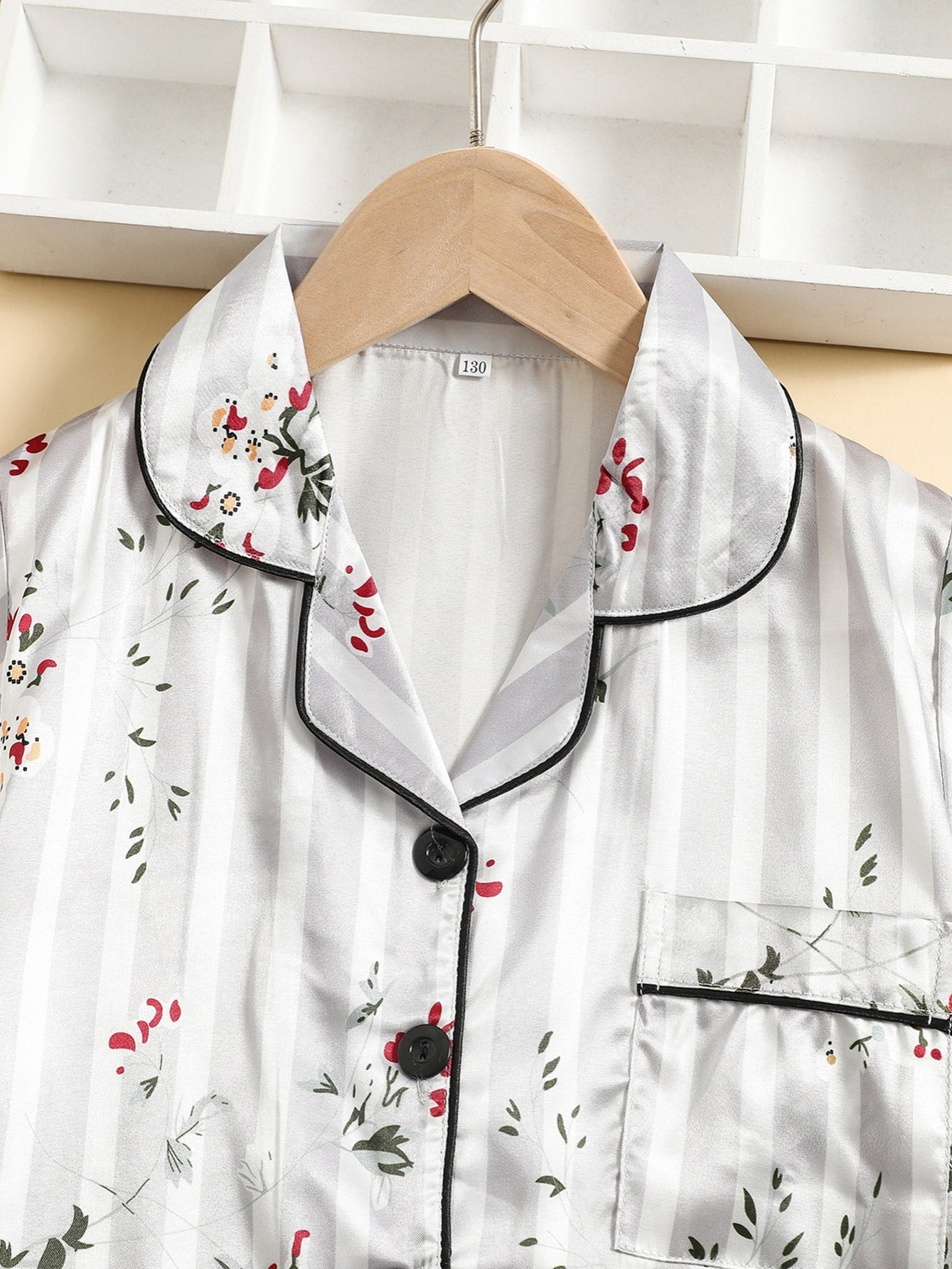 Girls Plant Floral Pattern Lapel Neck Pajama Set