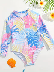 Girls Rain Forest Graphic Long Sleeve Swimsuit for Surfing